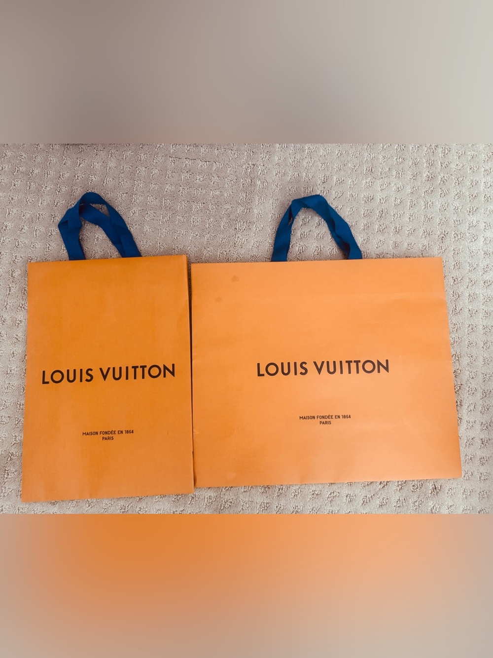 2 Louis Vuitton Orange shopping Tote bags with Blue Ribbon Handles